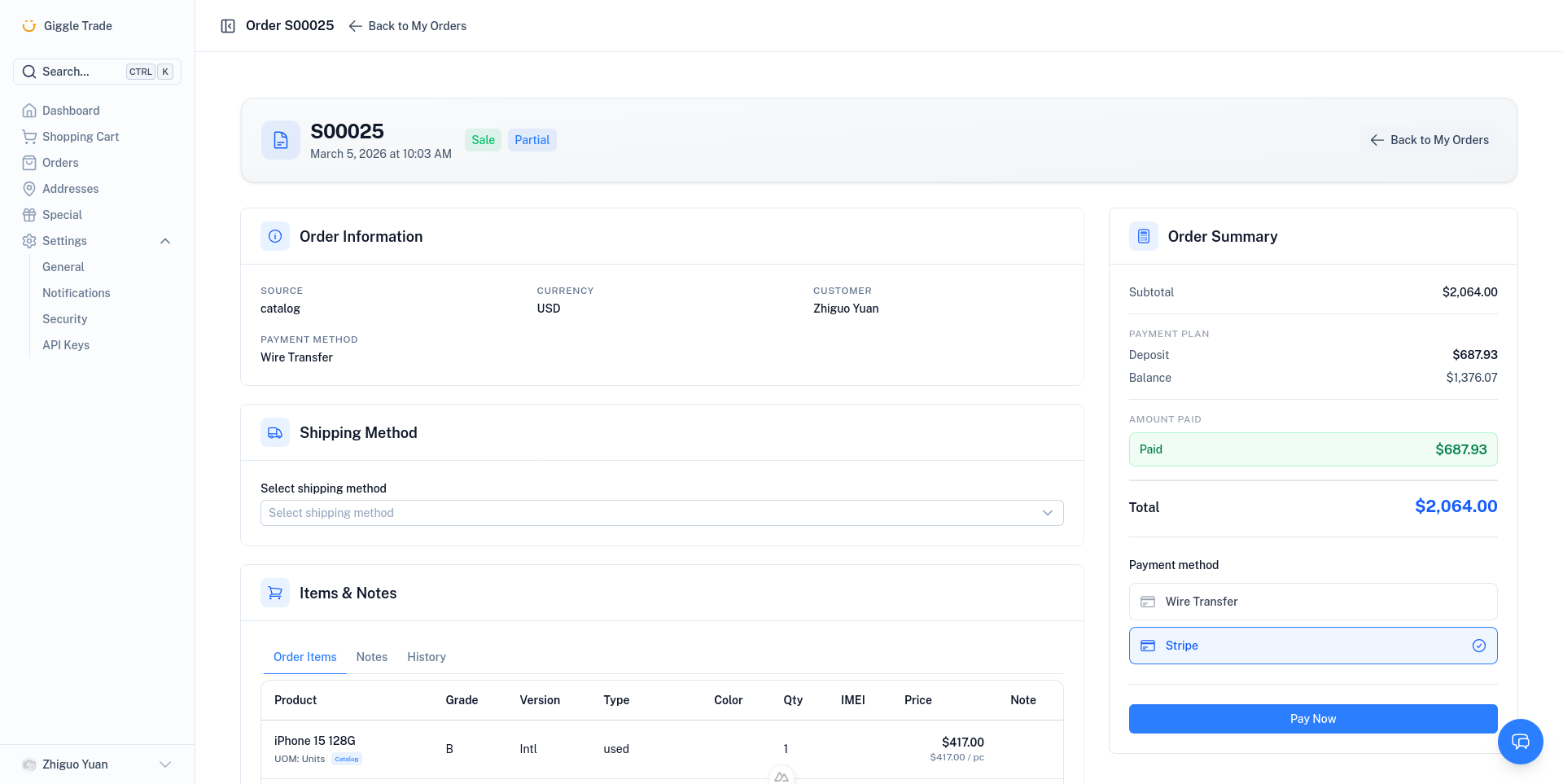 Order detail — amount paid and balance due